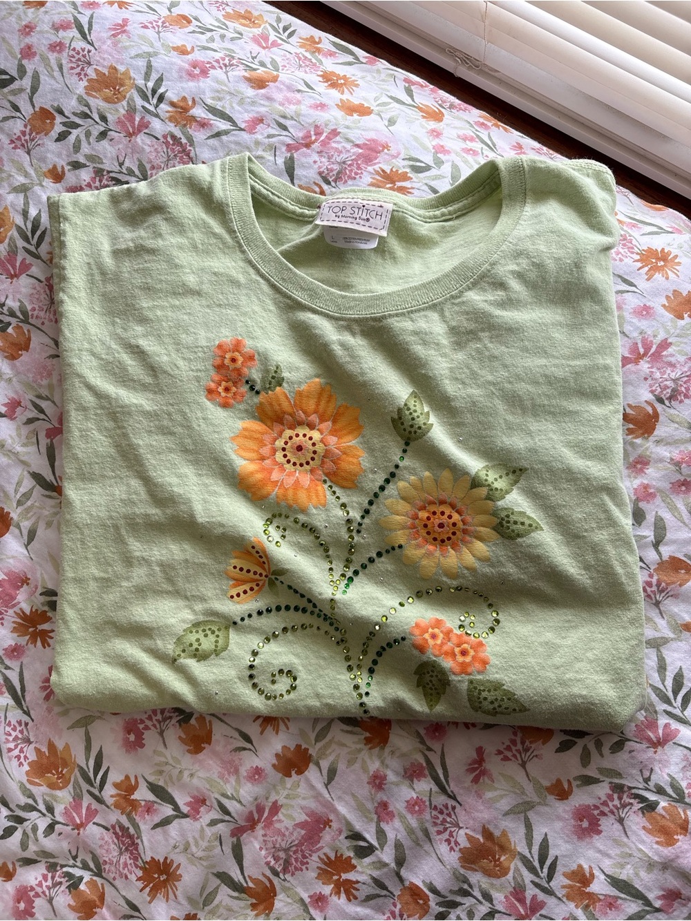 Top Stitch Vintage Green Short Sleeve T Shirt Size L Beaded Eclectic Nature